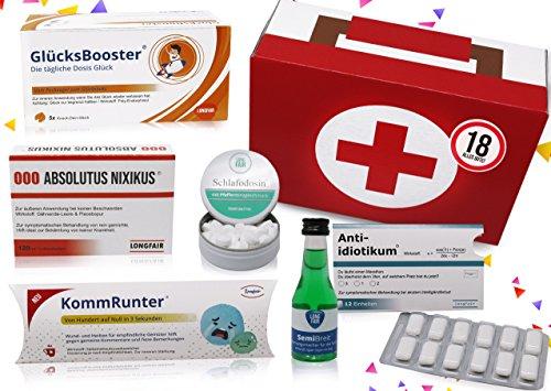 18. Geburtstag | Erste Hilfe Set Geschenk-Box, witziger Sanikasten | 8-teilig | Spaßgeschenk zum 18. Geburtstag